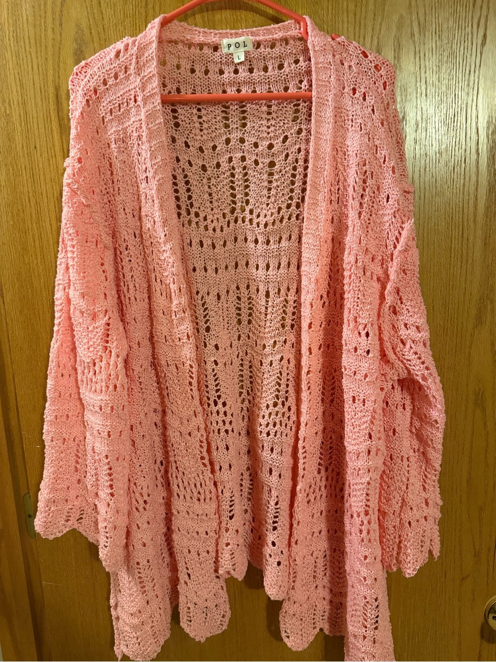 POL Open-Front Crochet Cardigan in Soft Pink